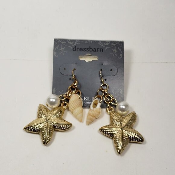2/$30 Gold tone Textured Starfish, Shell, Beaded Dangle Earrings 2.25" Jewelry - Picture 6 of 7